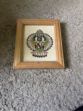 Wood Frame Feathered Bird Artwork — Green, Yellow, Black